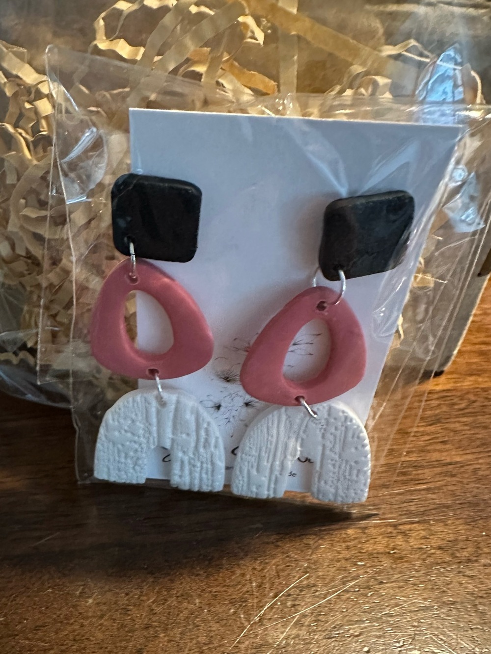 Handmade Pink, White & Black Geometric Drop Earrings